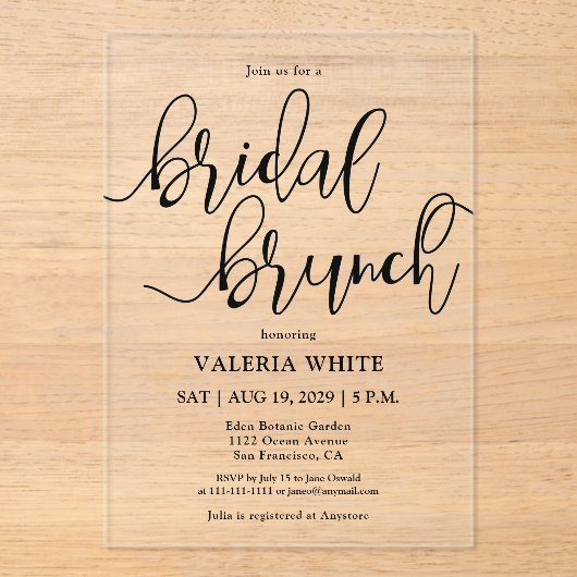 Elegante Minimalistisch Scripture Bridal Brunch Acryleinladungen (Vorderseite)