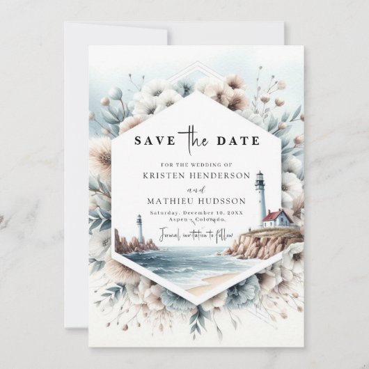 Elegante Minimalistisch Waves Lighthouse Hochzeit Save The Date (Vorderseite)