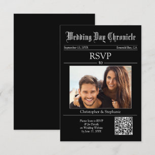 Elegante Minimalistische 1-Foto-QR-Code-Schwarze Z RSVP Karte