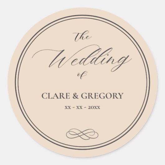Elegante Minimalistische Almond Gray Wedding Runder Aufkleber (Vorderseite)