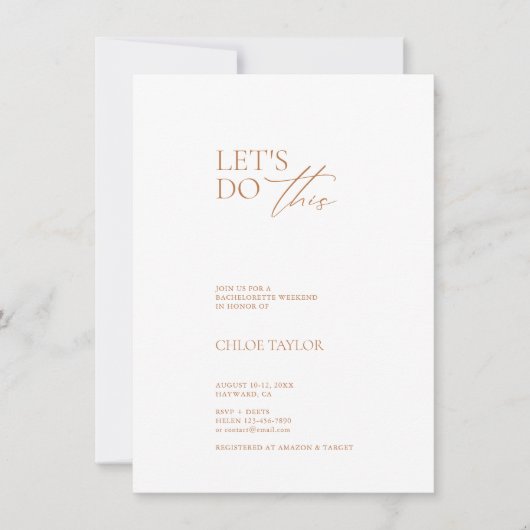 Elegante Minimalistische Bachelorette Wochenende E Einladung (Vorderseite)