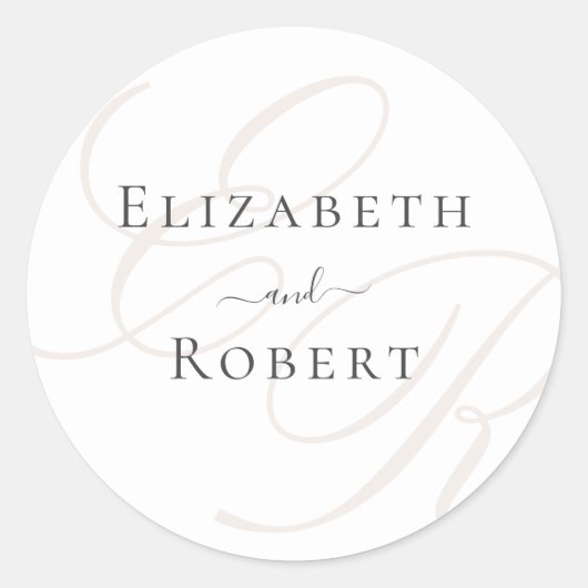 Elegante Minimalistische Beige Monogram Wedding Runder Aufkleber (Vorderseite)