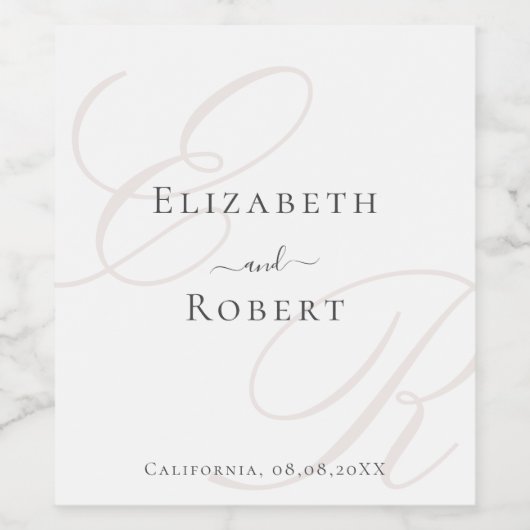 Elegante Minimalistische Beige Monogram Wedding Weinetikett (Einzelnes Label)