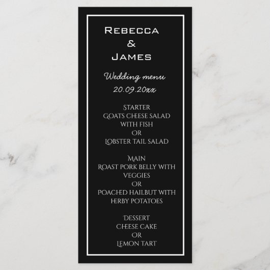 Elegante Minimalistische Black Wedding Menu Card Menükarte (Vorderseite)