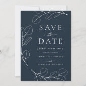 Elegante Minimalistische Blätter Navy Blue Wedding Save The Date (Vorderseite)