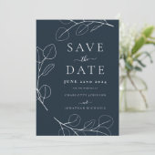 Elegante Minimalistische Blätter Navy Blue Wedding Save The Date (Stehend Vorderseite)