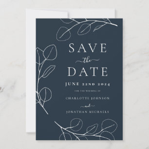 Elegante Minimalistische Blätter Navy Blue Wedding Save The Date
