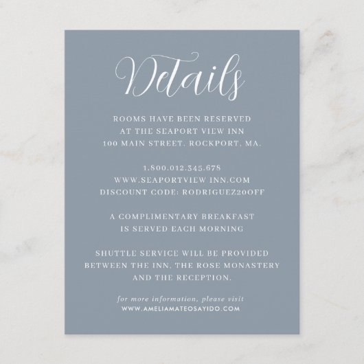 Elegante Minimalistische Blue Wedding Details Begleitkarte (Vorderseite)