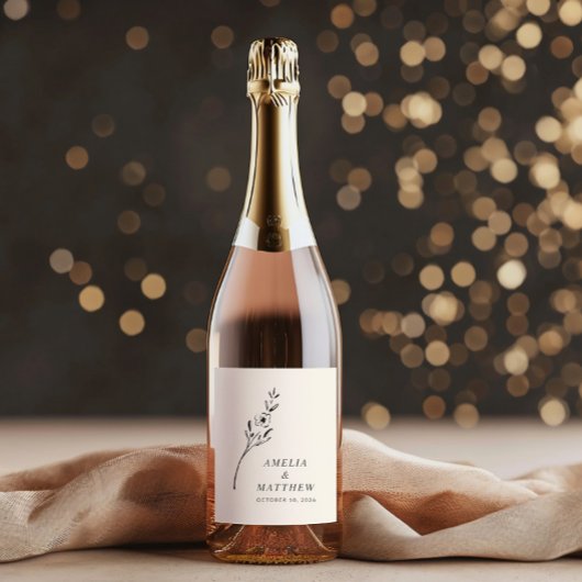 Elegante Minimalistische Blütenhochzeit Zeichnend  Weinetikett