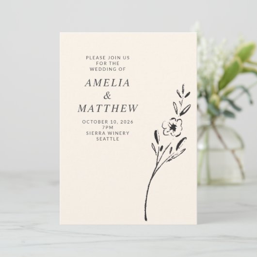 Elegante Minimalistische Blütenwelt Zeichnend auf Einladung (Stehend Vorderseite)