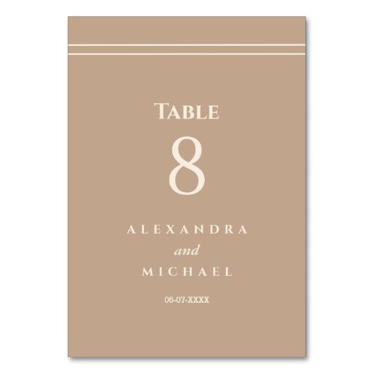 Elegante Minimalistische Cream Taupe Hochzeit Tischnummer (Vorderseite)