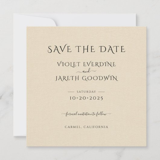 Elegante Minimalistische Creme-Linen-Effekt Hochze Save The Date (Vorderseite)