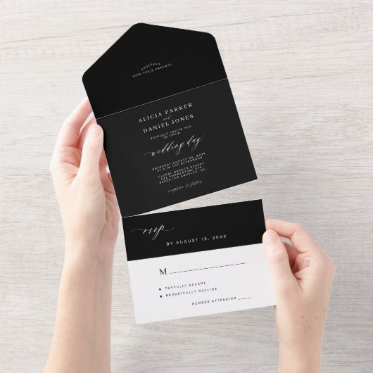 Elegante minimalistische dunkle Schwarz-Weiß-Hochz All In One Einladung (Abreißen)