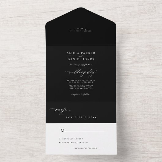 Elegante minimalistische dunkle Schwarz-Weiß-Hochz All In One Einladung (Innen Boden)