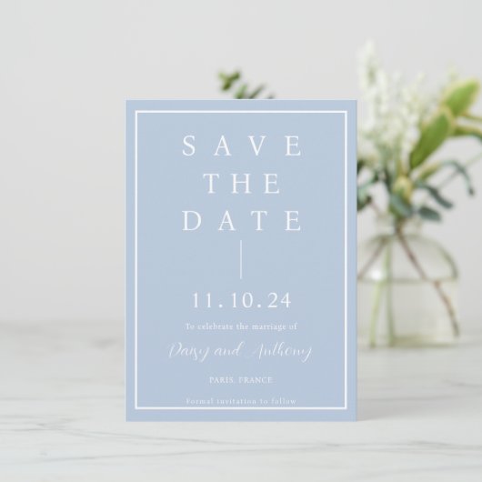 Elegante Minimalistische Dusty Blue Save the Date (Stehend Vorderseite)