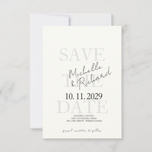 Elegante minimalistische elfenbeinfarbene kursive save the date (Vorderseite)