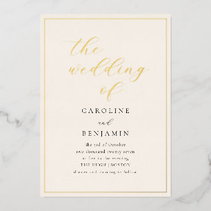 Elegante minimalistische elfenbeinfarbene Schrift Folieneinladung