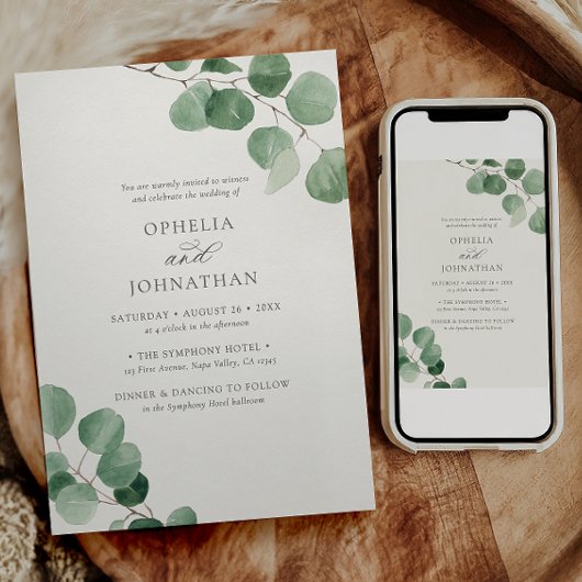 Elegante Minimalistische Eukalyptus All-in-One-Hoc Einladung