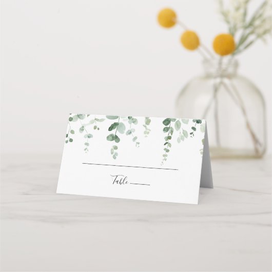 Elegante Minimalistische Eukalyptus-Hochzeit Platzkarte (Vorderseite)