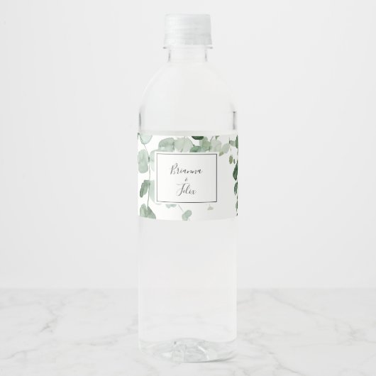 Elegante Minimalistische Eukalyptus-Hochzeit Wasserflaschenetikett (Vorderseite)