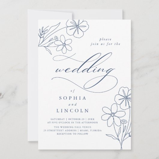 Elegante Minimalistische, florale Zeichnend Hochze Einladung (Vorderseite)