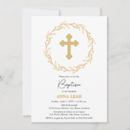 Elegante Minimalistische Goldkreuzkranztaufe Einladung
