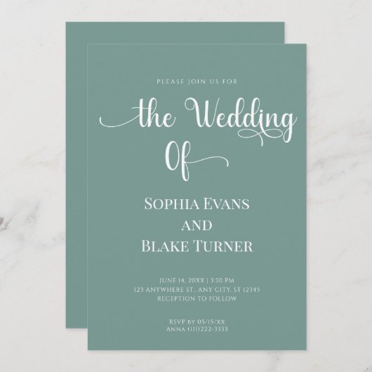 Elegante Minimalistische Grün- und Weiße Hochzeit Einladung (Vorne/Hinten)