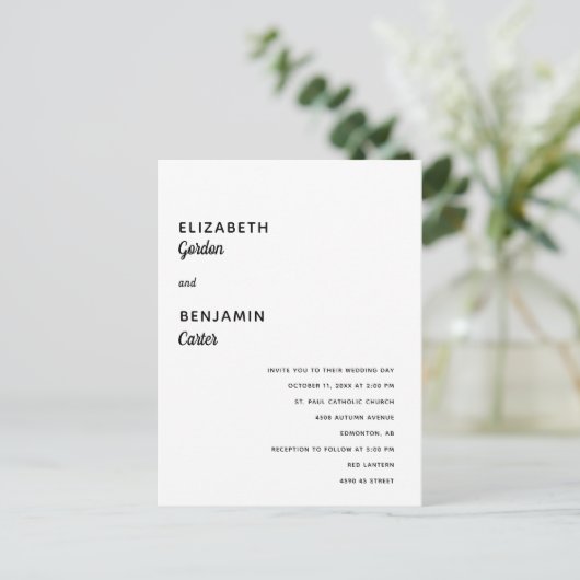 Elegante Minimalistische Hochzeit Einfache Typogra Postkarte (Stehend Vorderseite)