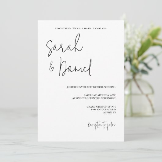 Elegante Minimalistische Hochzeit in Schwarz und W Einladung (Stehend Vorderseite)