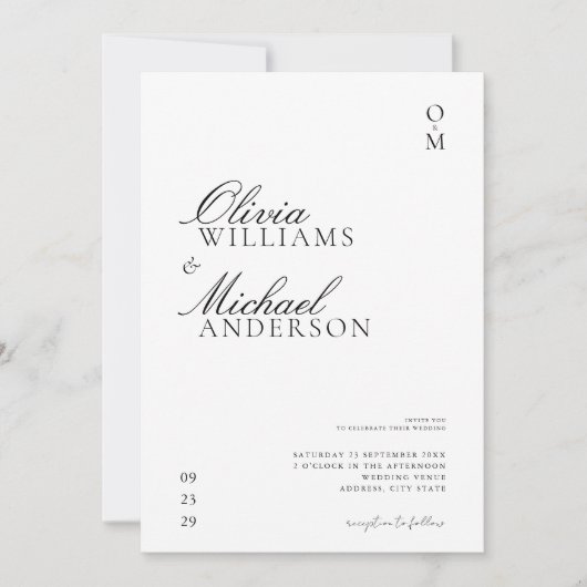 Elegante Minimalistische Hochzeit in Schwarz und W Einladung (Vorderseite)