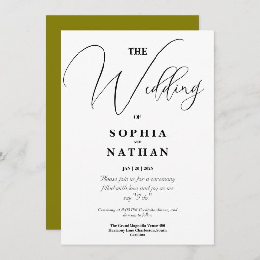 Elegante Minimalistische Hochzeit in Schwarz und W Einladung (Vorne/Hinten)