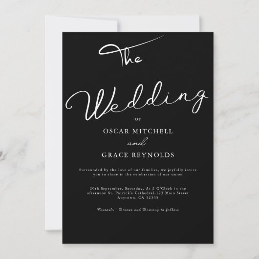 Elegante Minimalistische Hochzeit in Schwarz und W Einladung (Vorderseite)