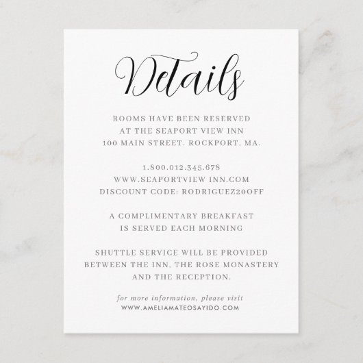 Elegante Minimalistische Hochzeitdetails Begleitkarte (Vorderseite)