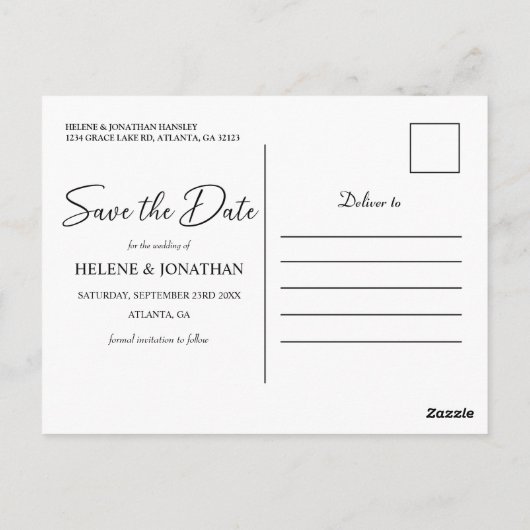 Elegante Minimalistische Hochzeiten in Schwarz und Postkarte (Rückseite)