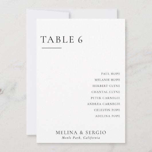Elegante Minimalistische Hochzeitstabelle 6 Sitzpl Einladung (Vorderseite)