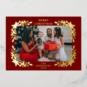 Elegante minimalistische Holly Berry Weihnachtsfam Folien Feiertagskarte
