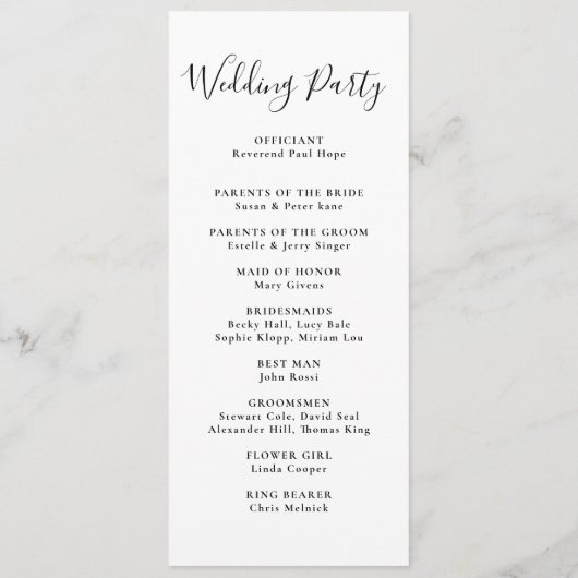 Elegante Minimalistische Kalligraphie-Hochzeit Programm (Rückseite)