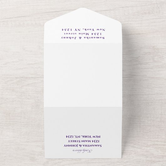 Elegante Minimalistische Lila Skripthochzeit All In One Einladung (Außenbereich)