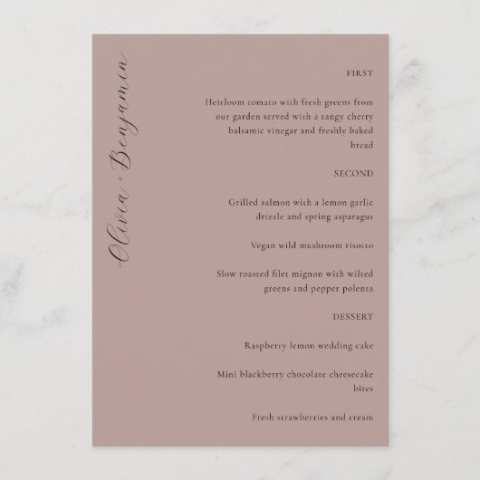 Elegante Minimalistische Mauve Script Custom Weddi Menükarte (Vorderseite)