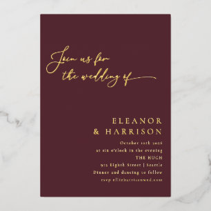Elegante Minimalistische moderne Burgunder-Script- Folieneinladung