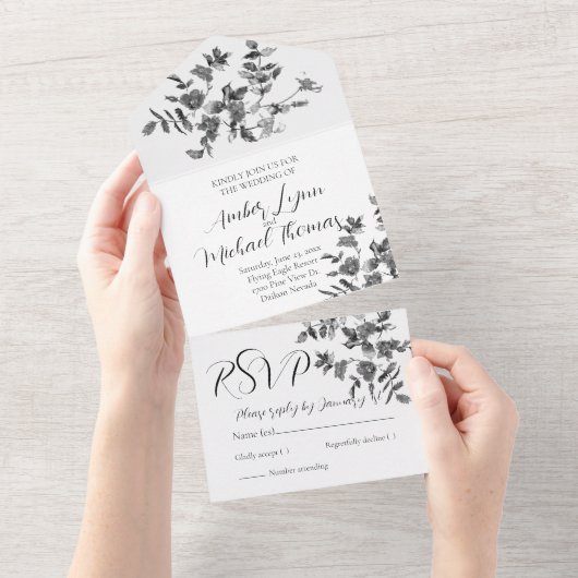 Elegante minimalistische moderne Schwarz-weiße Wil All In One Einladung (Abreißen)