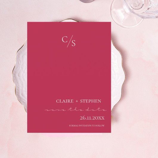 Elegante Minimalistische Monogram Script Magenta W Ankündigungspostkarte