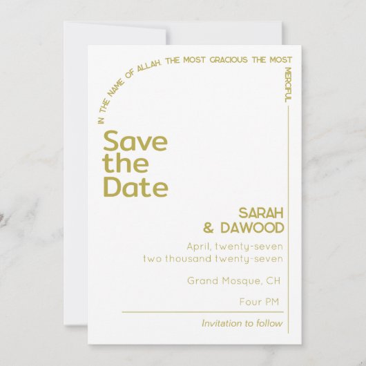 Elegante Minimalistische muslimische Weißbrassehei Save The Date (Vorderseite)