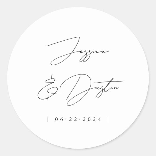 Elegante Minimalistische Namen Datum Skript schwar Runder Aufkleber (Vorderseite)