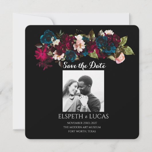 Elegante Minimalistische Schwarz- und Blumenhochze Save The Date (Vorderseite)