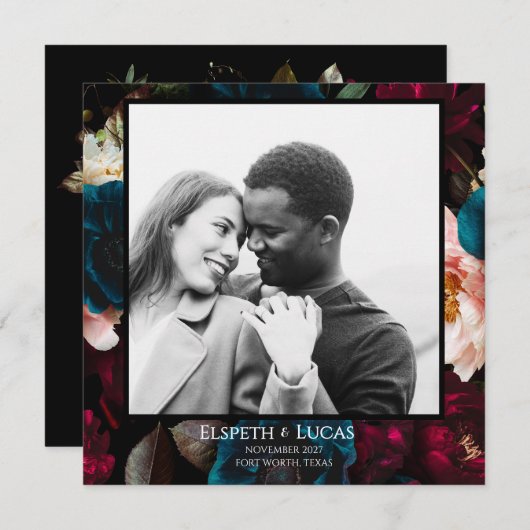 Elegante Minimalistische Schwarz- und Blumenhochze Save The Date (Vorne/Hinten)