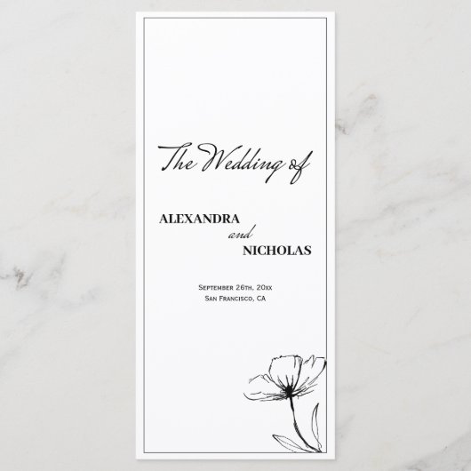 Elegante Minimalistische Schwarz-Weiß-Blütenhochze Menükarte (Rückseite)