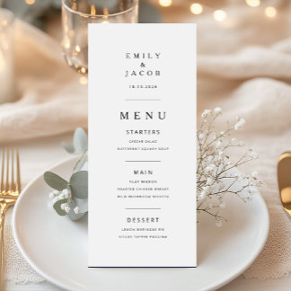 Elegante Minimalistische Schwarz-Weiß-Hochzeit Menükarte