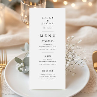 Elegante Minimalistische Schwarz-Weiß-Hochzeit Menükarte