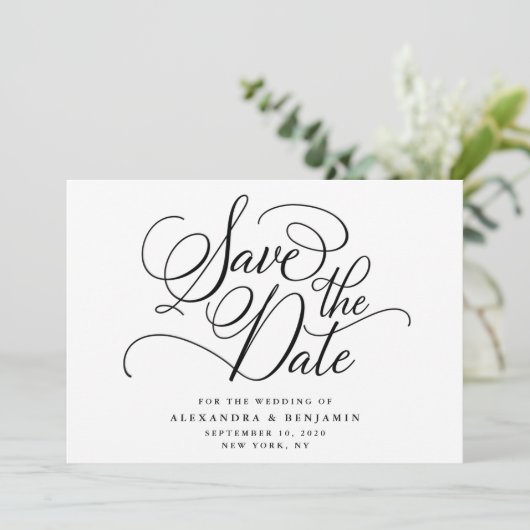Elegante Minimalistische Schwarz-Weiß-Hochzeit Save The Date (Stehend Vorderseite)